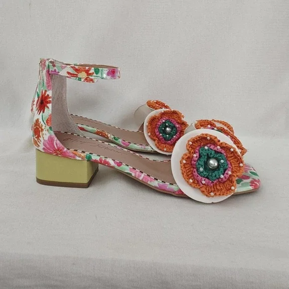 Betsey Johnson Floral Ankle-Strap Sandals with Orange Crochet Flowers - Picture 2 of 14